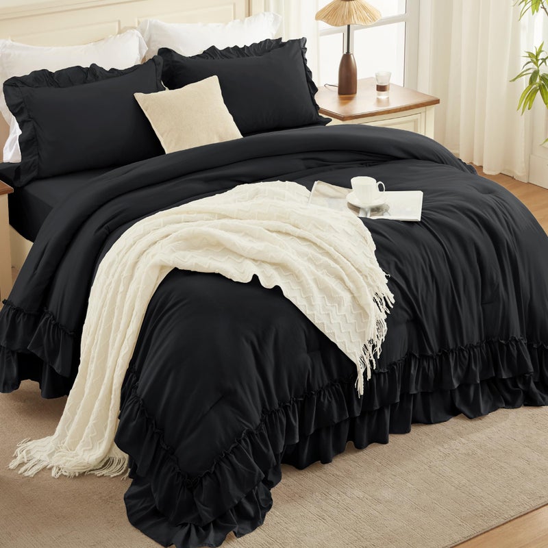 Andency Black Queen Comforter Set(90x90Inch), 3 Pieces Lightweight Fluffy Ruffle Bedding Comforter Sets for Queen Bed, Farmhouse Shabby Chic Soft Microfiber All Season Bed Set - Image 2