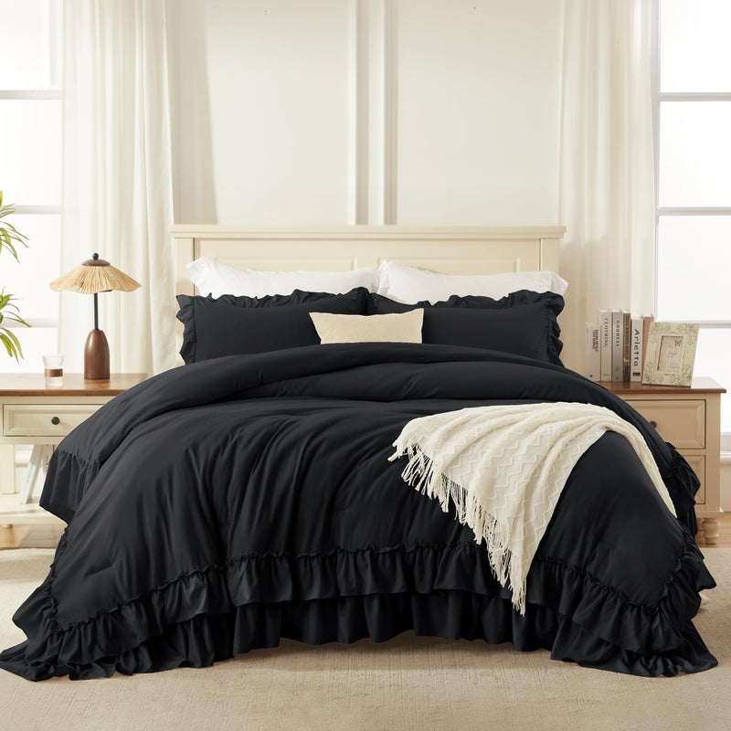 Andency Black Queen Comforter Set(90x90Inch), 3 Pieces Lightweight Fluffy Ruffle Bedding Comforter Sets for Queen Bed, Farmhouse Shabby Chic Soft Microfiber All Season Bed Set - Image 3
