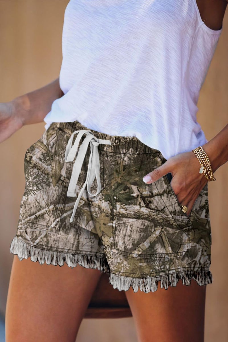 YOCUR Womans Denim Shorts Flowy Fashion Elastic Waist Fringe Distressed Drawstring Boxer Lounge Jean Shorts Forest Camo S - Image 3