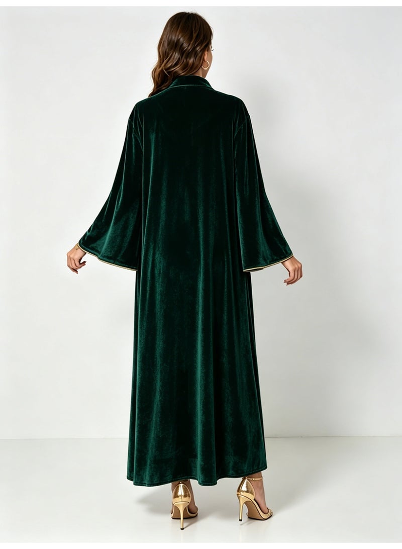 Kaiyuede Dubai Dark Green Velvet Abaya with Silver & Green Lotus Sequin Embroidery | Mandarin Collar Opaque Lined Modest Dress for Eid & Wedding - Image 3
