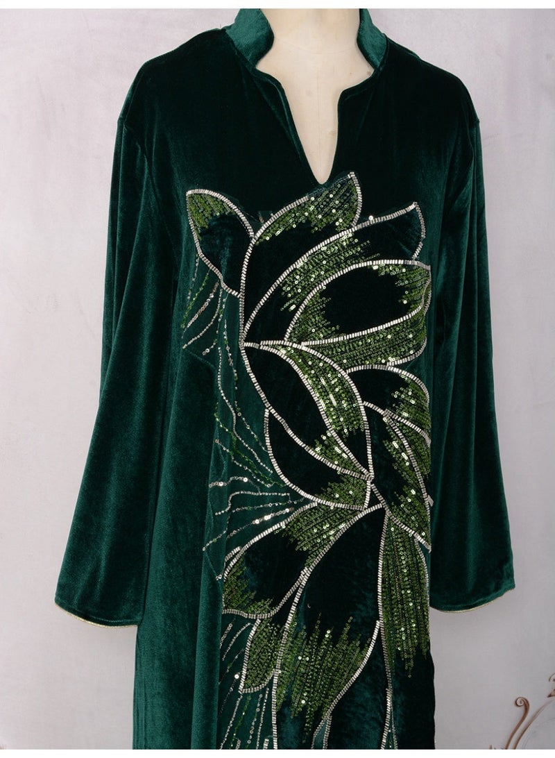 Kaiyuede Dubai Dark Green Velvet Abaya with Silver & Green Lotus Sequin Embroidery | Mandarin Collar Opaque Lined Modest Dress for Eid & Wedding - Image 2