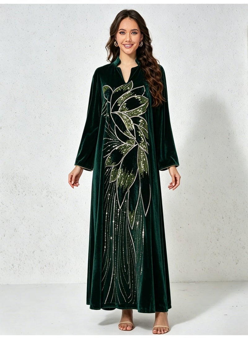 Kaiyuede Dubai Dark Green Velvet Abaya with Silver & Green Lotus Sequin Embroidery | Mandarin Collar Opaque Lined Modest Dress for Eid & Wedding - Image 1