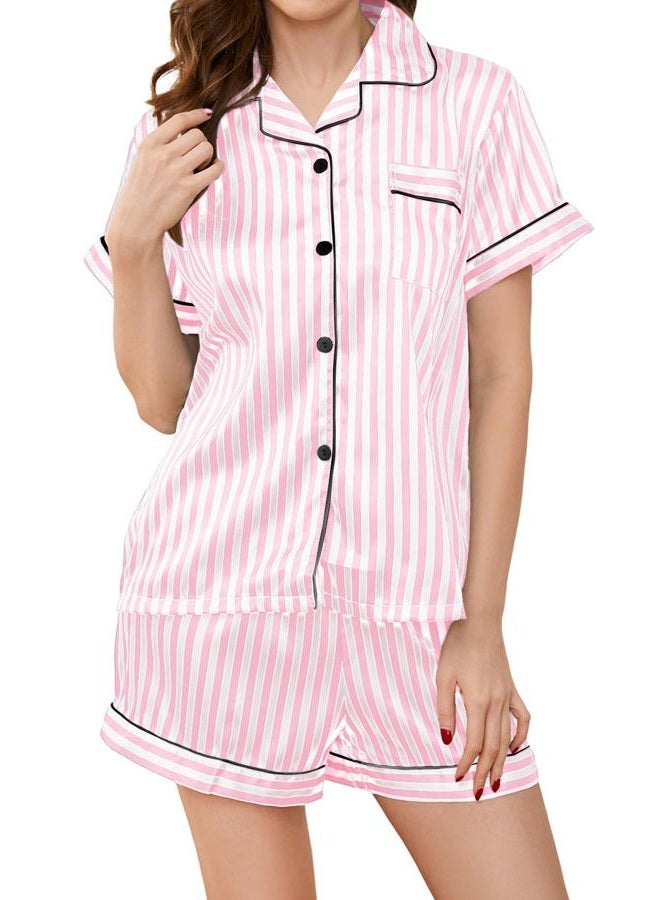 DingCo Women's Silk Pajamas - Button Up Satin PJs with Notch Collar - 2 Piece Satin Pajamas Set, Light Pink, M - Image 1