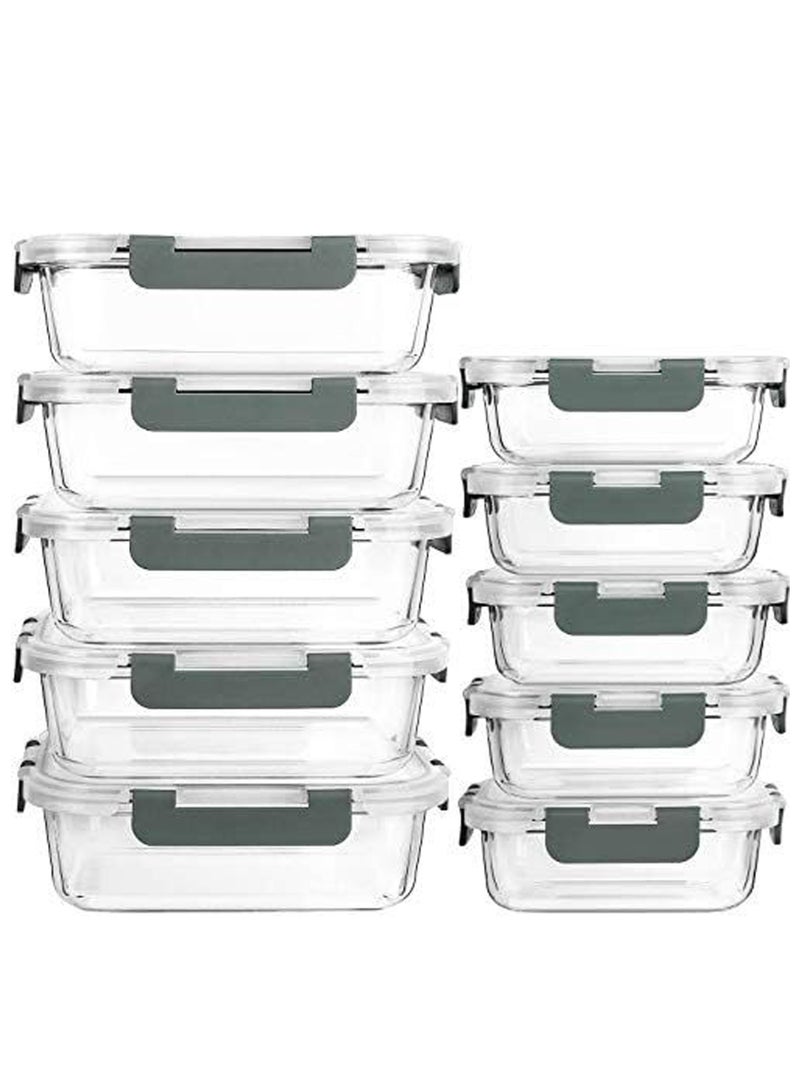 جورفنت 10 قطع من حاويات تحضير الطعام الزجاجية، سعة 1040 مل + 410 مل (35 مل + 14 أونصة) لتخزين الطعام المحكم مع الأغطية، آمنة للاستخدام في الميكروويف والفريزر وغسالة الأطباق، لون رمادي - Image 1