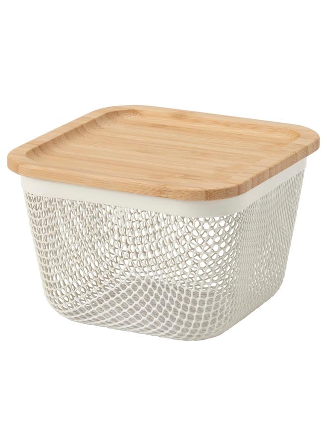 Zaboon Food Storage Basket With Lid, Square Metal/White Bamboo, 15X15X11 Cm - Image 1