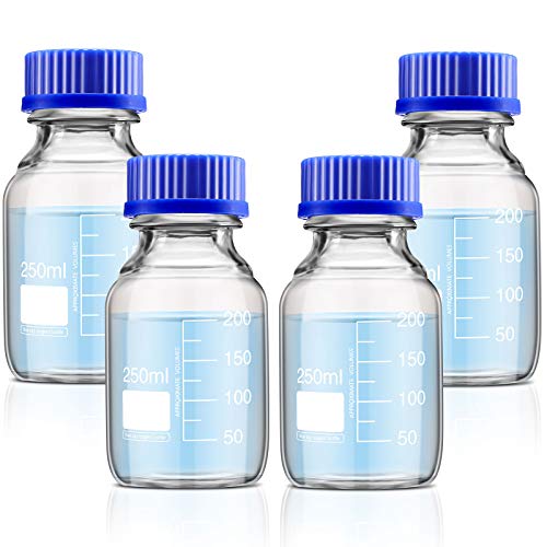Patelai 4 Pieces Glass Round Media Storage Glass Bottles Borosilicate Media Bottles with GL45 Blue Screw Cap for Lab Water Reagent Liquids(250 ml) - Image 1