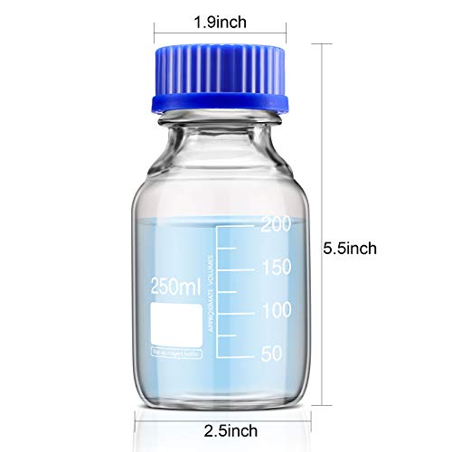 Patelai 4 Pieces Glass Round Media Storage Glass Bottles Borosilicate Media Bottles with GL45 Blue Screw Cap for Lab Water Reagent Liquids(250 ml) - Image 2