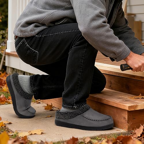 ULTRAIDEAS Men's House Slippers, Indoor Outdoor House Shoes with Non-slip Rubber Sole, Summer Breathable Cotton Blend & Winter Warm Fuzzy Moccasin Slippers, Machine Washable Memory Foam, Gift for Father(Dark Grey, 9-10) - Image 2