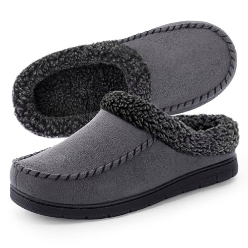 ULTRAIDEAS Men's House Slippers, Indoor Outdoor House Shoes with Non-slip Rubber Sole, Summer Breathable Cotton Blend & Winter Warm Fuzzy Moccasin Slippers, Machine Washable Memory Foam, Gift for Father(Dark Grey, 9-10) - Image 1