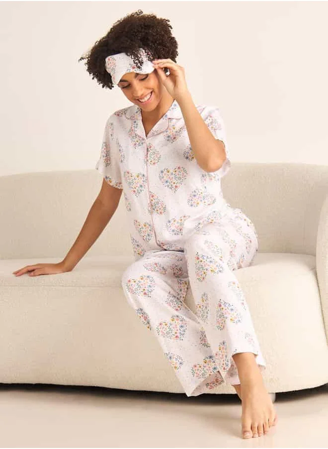 فاف Floral Print Short Sleeve Shirt and Elasticated Pyjama Set