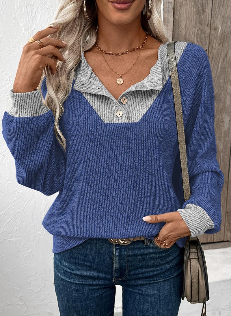 EVALESS Womens Long Sleeve Shirts Spring Fashion 2026 Patchwork Button Up V Neck Oversized Sweatshirt Casual Trendy Pullover Tops School Outfits for Teachers Blue Medium - Image 3