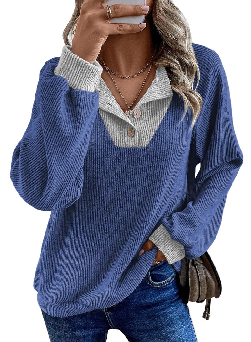 EVALESS Womens Long Sleeve Shirts Spring Fashion 2026 Patchwork Button Up V Neck Oversized Sweatshirt Casual Trendy Pullover Tops School Outfits for Teachers Blue Medium - Image 1