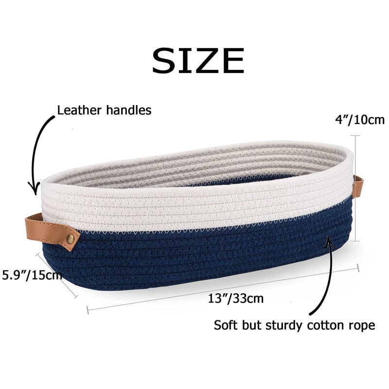 Oradrem Toilet Basket,Woven Storage Basket for Toilet Tank Top Farmhouse Home Decor Organizing Baskets 13"x5.9"x4" Navy Stitching White - Image 3