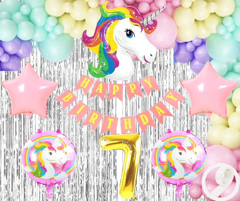 Flyloons 7th Unicorn theme birthday decorations items for Girls with Unicorn Foil Balloon,Light Pink Star Foil,Pink Purple Yellow Mint Pastel Balloons,Silver Foil Curtains,Foil number 7 - Image 3