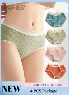 roaiss 4 Pack Set Women's 95% Cotton Briefs Lace Stripe Sweet Textured High Stretch Panties Mid-waist Hygiene Soft Underpants Ladies Girl's Classic Breathable Underwear Multicolor  - Image 3