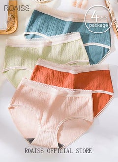 roaiss 4 Pack Set Women's 95% Cotton Briefs Lace Stripe Sweet Textured High Stretch Panties Mid-waist Hygiene Soft Underpants Ladies Girl's Classic Breathable Underwear Multicolor  - Image 1