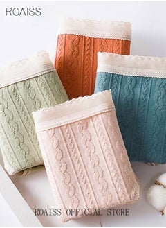 roaiss 4 Pack Set Women's 95% Cotton Briefs Lace Stripe Sweet Textured High Stretch Panties Mid-waist Hygiene Soft Underpants Ladies Girl's Classic Breathable Underwear Multicolor  - Image 2