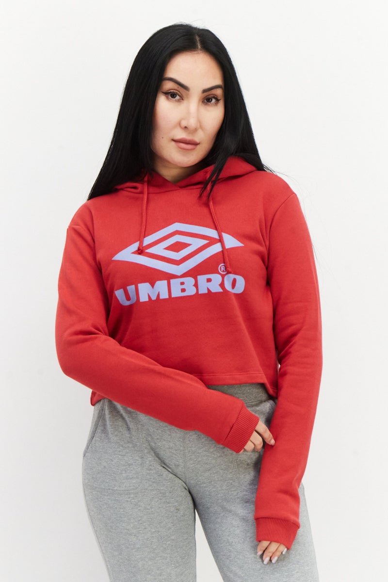 umbro سويت شيرت قصير مزين برسومات مع غطاء رأس للنساء، مجموعة حمراء - Image 1
