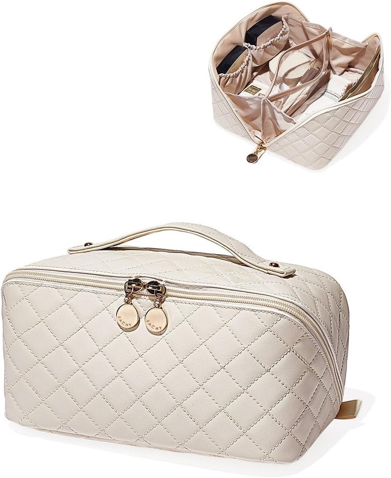 EACHY Travel Makeup Bag, Large Capacity Cosmetic Bags for Women, Waterproof Portable Pouch Open Flat Toiletry Bag, Fc-beige, Medium, Rustic - Image 1
