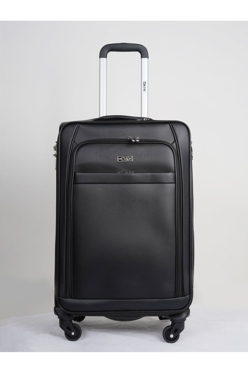 Small Leather Luggage Lightweight Trolley Bag with 4 Spinner Wheels and Built in Combination Lock 22 inch Black