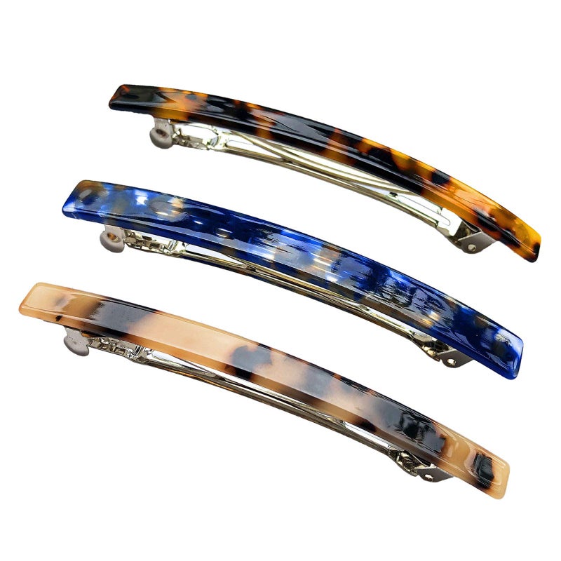 HYFEEL Long French Barrettes for Women Simple Classic Acrylic Resin Hair Clips Tortoise Shell Skinny Large 4 inch No-slip Grip Automatic Clasp Clamp For Thick Hair, 3 Pack - Image 1