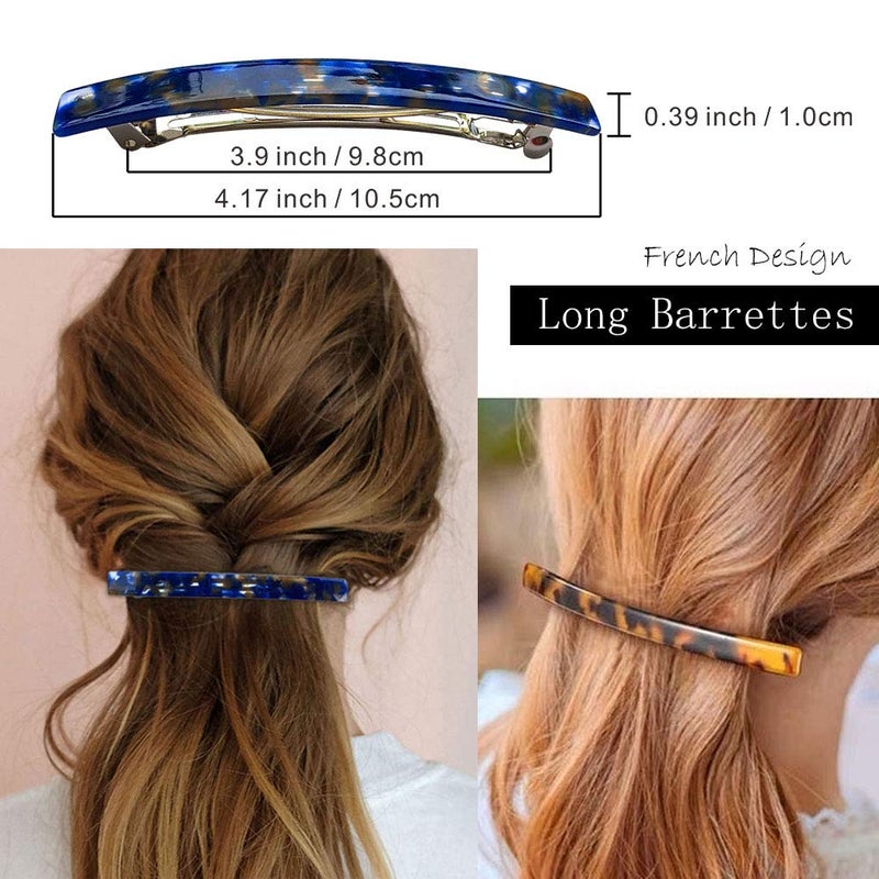 HYFEEL Long French Barrettes for Women Simple Classic Acrylic Resin Hair Clips Tortoise Shell Skinny Large 4 inch No-slip Grip Automatic Clasp Clamp For Thick Hair, 3 Pack - Image 2