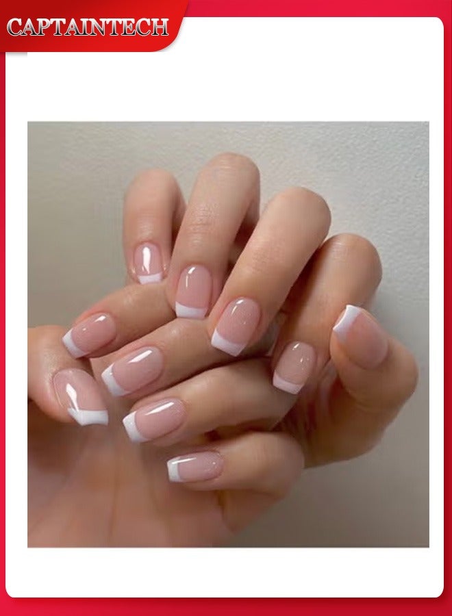 Captaintech French Tip Press On Nails - Package Soft Gel French Fake Nails Short, Salon-quality Press On Nails, Seamless Glue-on Nails for Woman Nail Art Manicure - Image 1