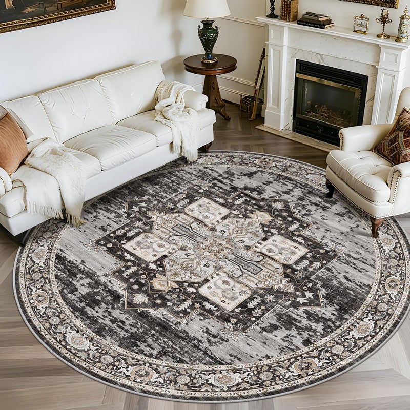 RUUGME Washable 7 Round Rug - Large Rugs for Living Room Soft Stain Resistant Carpet for Bedroom Kitchen Dining Room Vintage Non Slip Home Decor Floor Mat 7round Black - Image 1