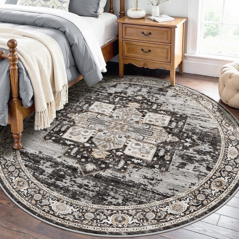 RUUGME Washable 7 Round Rug - Large Rugs for Living Room Soft Stain Resistant Carpet for Bedroom Kitchen Dining Room Vintage Non Slip Home Decor Floor Mat 7round Black - Image 4