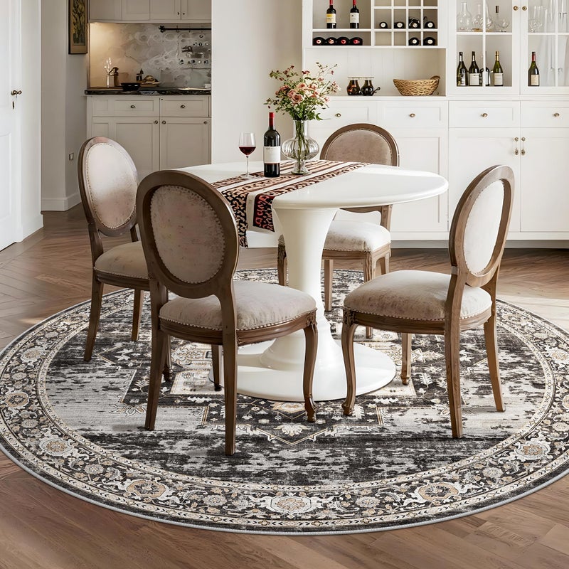 RUUGME Washable 7 Round Rug - Large Rugs for Living Room Soft Stain Resistant Carpet for Bedroom Kitchen Dining Room Vintage Non Slip Home Decor Floor Mat 7round Black - Image 3