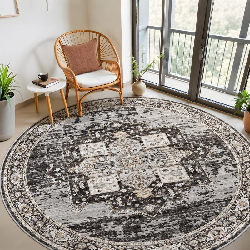 RUUGME Washable 7 Round Rug - Large Rugs for Living Room Soft Stain Resistant Carpet for Bedroom Kitchen Dining Room Vintage Non Slip Home Decor Floor Mat 7round Black - Image 2