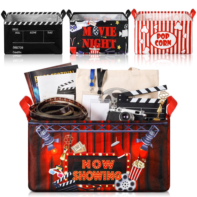 Breling 4 Pcs Movie Night Gift Baskets with Handles Movie Night Supplies Theater Clapboard Popcorn Large Collapsible Storage Bins Boxes for Gifts Snacks Wardrobe Shelves Home Storage 15 x 10 x 8 Inch - Image 2