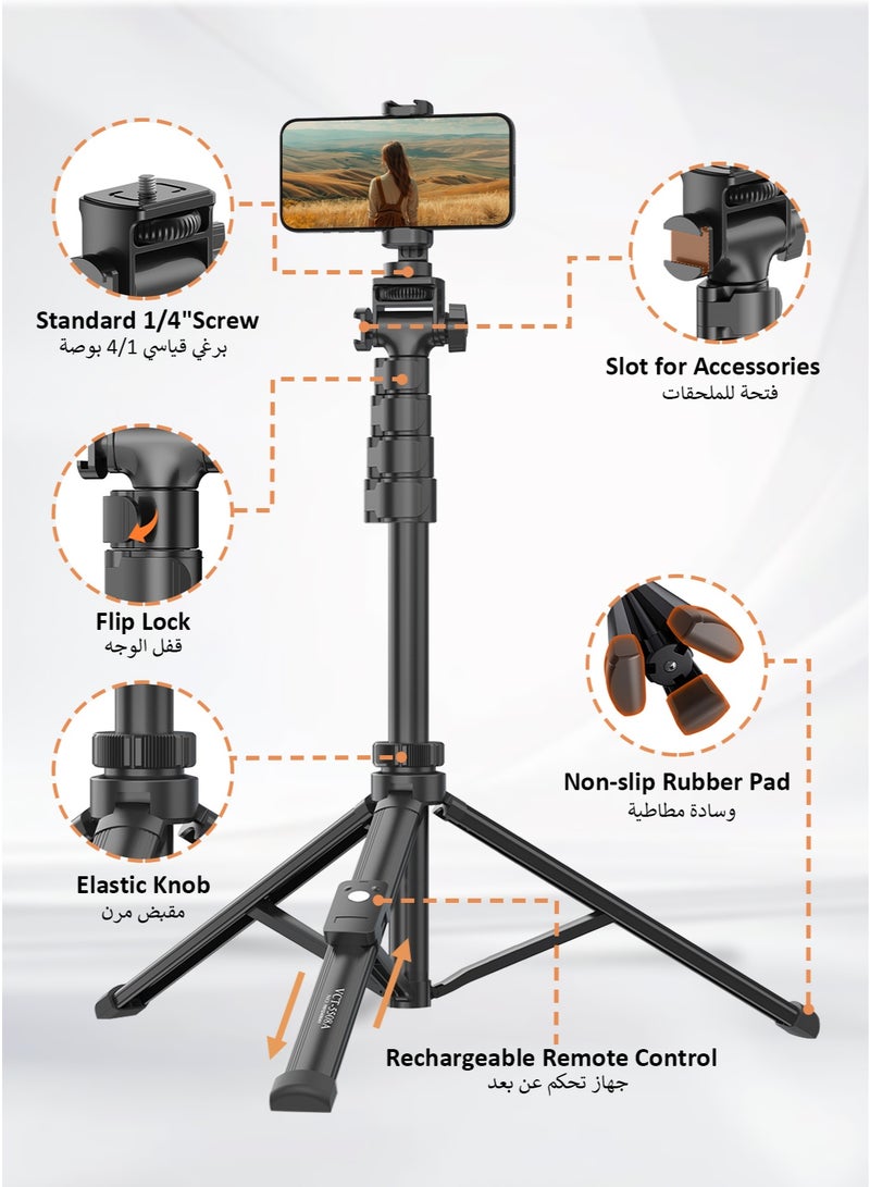 XXZU 170cm Phone Tripod, Portable Phone Stand Tripod for Travel or Video Recording, 10M Long Distance Remote Control, with 1/4'' Screw and Detachable Phone Clamp, Compatible with iPhone, Android and Camera with 1/4'' Hole - Image 3