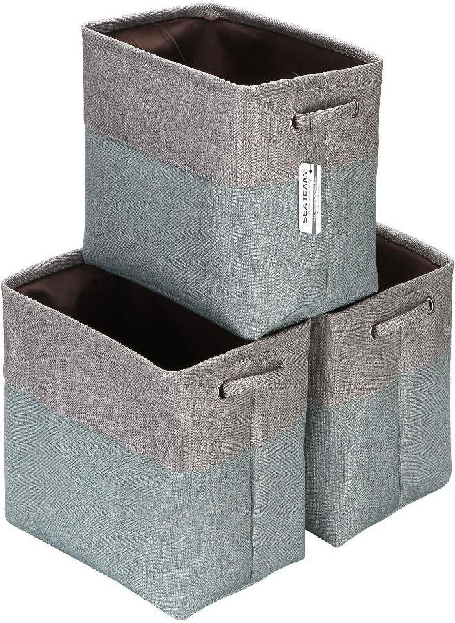 Sea Team Sea Team 3-Pack Large Storage Basket Set, Trunk Organizer, Clothes Toys Bin, 15 x 10 x 10 Inches, Big Rectangular Canvas Fabric Collapsible Shelf Box with Handles for Kids Room (Grey/Stone Blue)  - Image 1