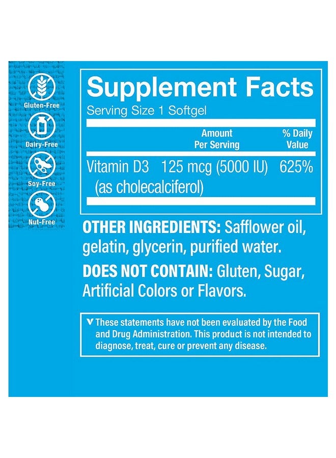 The Vitamin Shoppe Vitamin D3 5000IU Softgel, Supports Bone & Immune Health, Aids in Cellular Growth & Calcium Absorption, Gluten Free & Once Daily Formula (200 Softgels) - Image 3