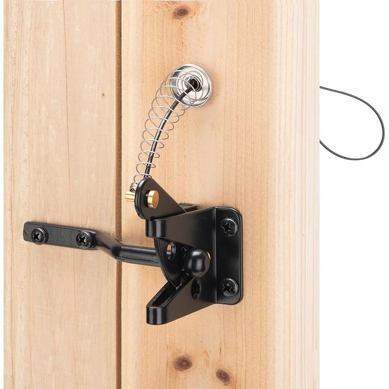 HILLMASTER Self Locking Gate Latch for Wooden Fence Heavy Duty,Gravity Lever Fence Door Latches with Steel Spring Cable Pull String Gate Hardware Gate Lock for Outdoor Secure Pool,Garden,Black Finish - Image 1