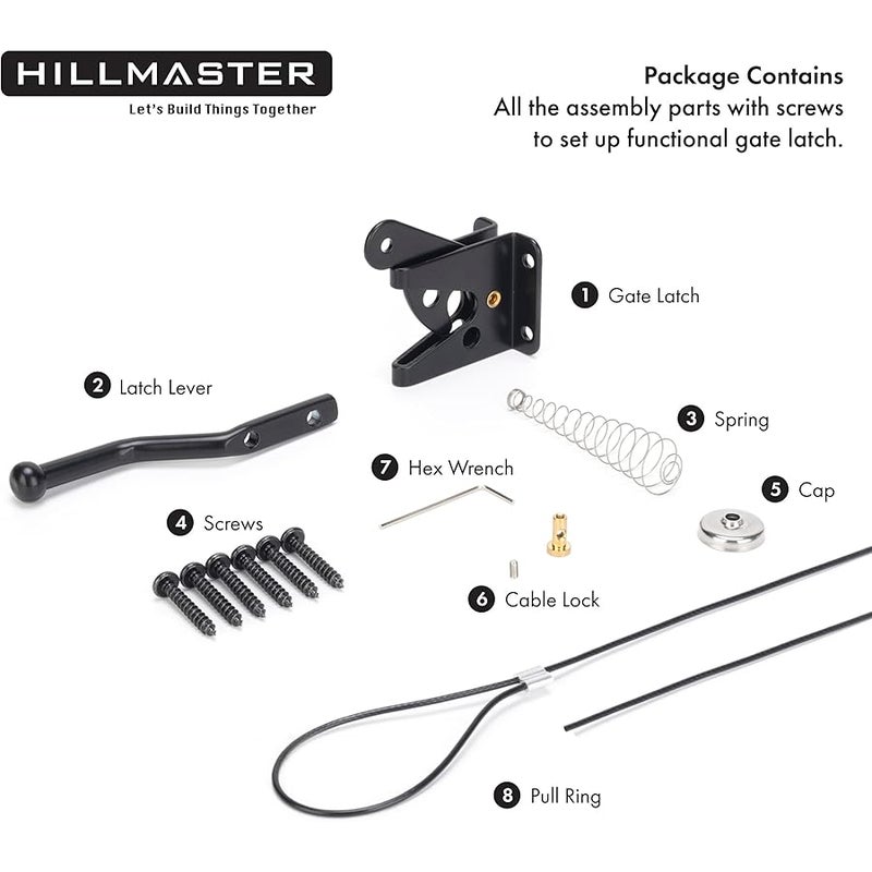 HILLMASTER Self Locking Gate Latch for Wooden Fence Heavy Duty,Gravity Lever Fence Door Latches with Steel Spring Cable Pull String Gate Hardware Gate Lock for Outdoor Secure Pool,Garden,Black Finish - Image 3