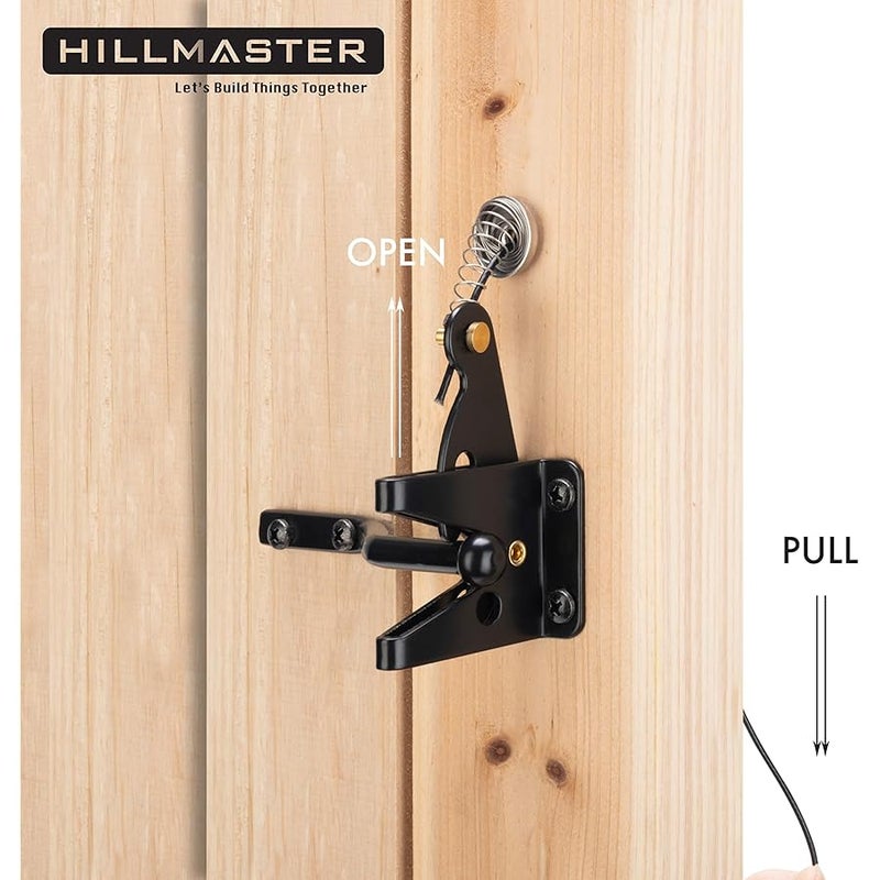 HILLMASTER Self Locking Gate Latch for Wooden Fence Heavy Duty,Gravity Lever Fence Door Latches with Steel Spring Cable Pull String Gate Hardware Gate Lock for Outdoor Secure Pool,Garden,Black Finish - Image 2
