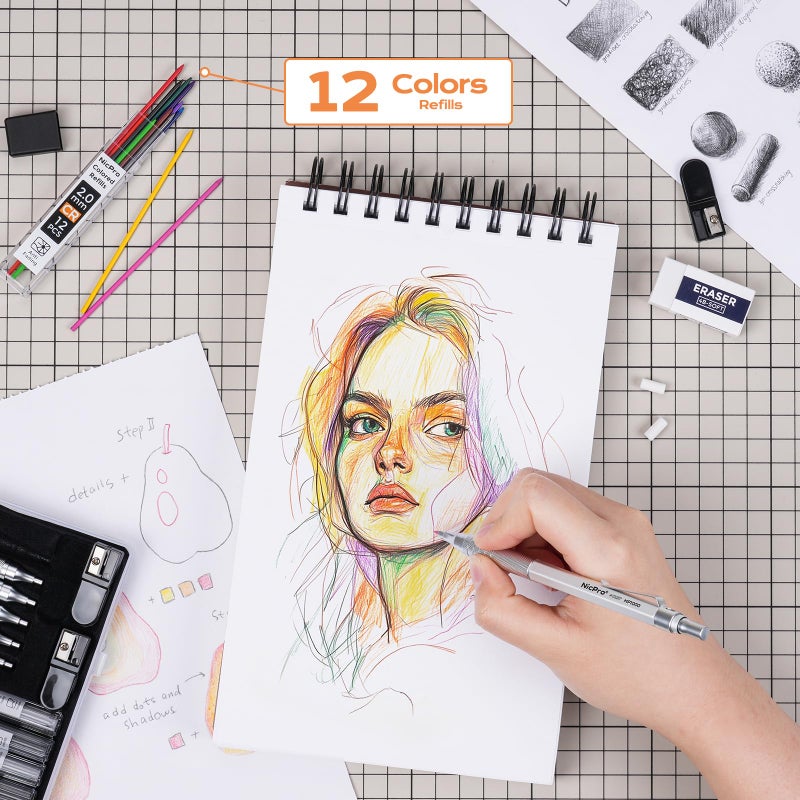 Nicpro مجموعة أقلام رصاص ميكانيكية معدنية من نيكبرو، 5 قطع أقلام رسم 0.3، 0.5، 0.7، 0.9 مم و 2 مم حامل رصاص للرسم مع 9 أنابيب (4B 2B HB 2H ألوان) إعادة تعبئة الرصاص والممحاة وحافظة - Image 4