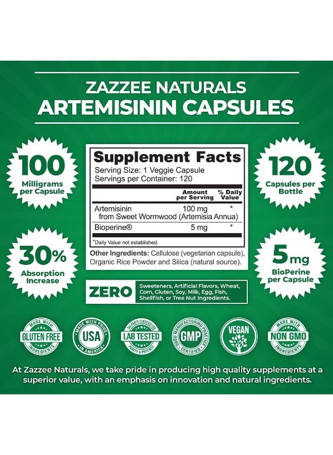 Zazzee Naturals Artemisinin, 100mg Per Capsule, 120 Veggie Capsules, Plus 5mg BioPerine - Image 3