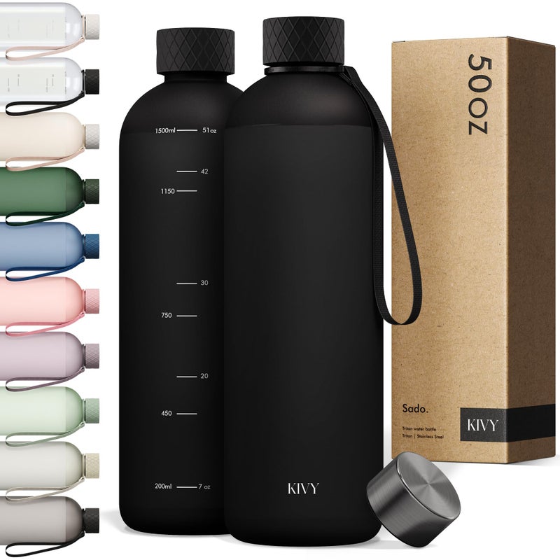 Kivy Large Water Bottle 50Oz [Lightweight & Shatterproof] Fits Backpack & Cupholder For Travel  Sports  School - Black Water Bottle No Straw - 1.5 Liter Water Bottles - 50Oz Water Bottle - Image 1