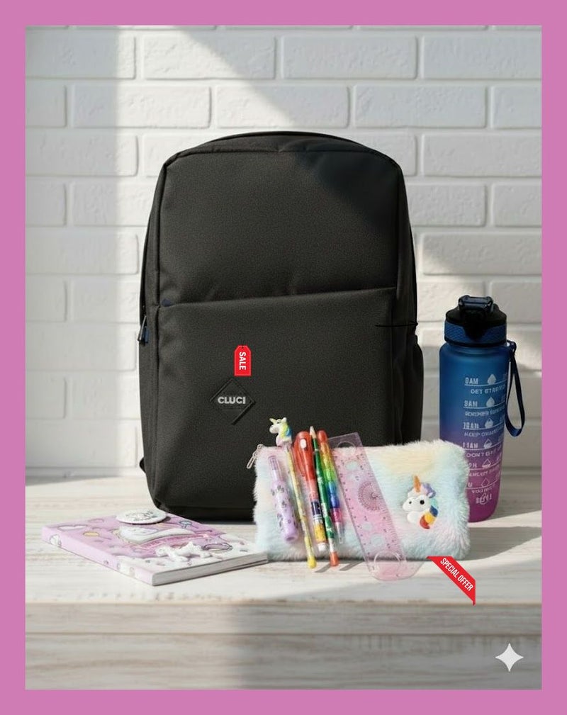 MINDFIT Sleek Black Backpack with Unicorn Pencil Case for Girls - Image 1
