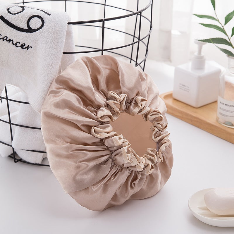 Household double-layer waterproof shower cap PEVA thickened womens oil-proof shampoo bath cap Champagne 