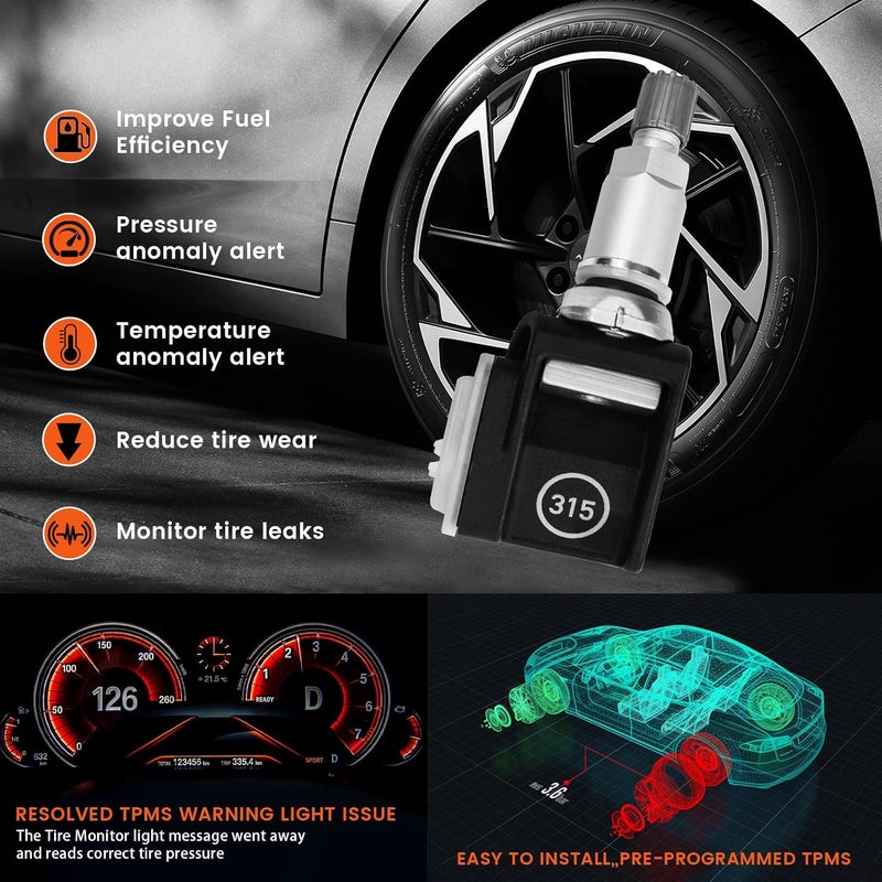 مجموعة من 4 مستشعرات TPMS لنظام مراقبة ضغط الإطارات 315MHz متوافقة مع Mercedes-Benz AMG GT X290 C CLS E G G463 GLE Class GT S Class OEM - بديل لـ # A0009052202 - Image 3