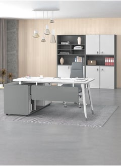 Neo Front Wooden Office Desk Single Seater Executive Desk office table with Side Drawer White and Grey 2m  - Image 3