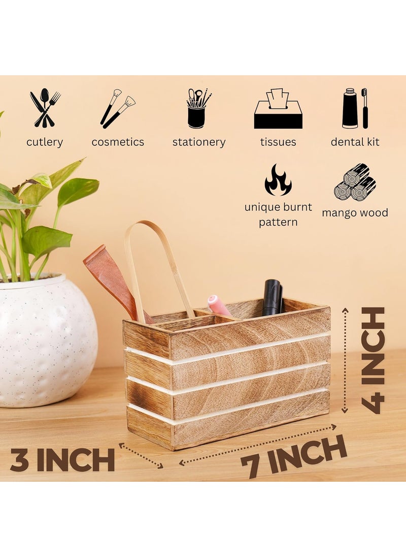 Hashcart Hashcart Wood Pen Holder for Desk Makeup Brushes Holder Pencil Holders Pen Cup  Multi Purpose Use Pot Desk Organizer  3 Compartment Caddy for Home and Office  - Image 4