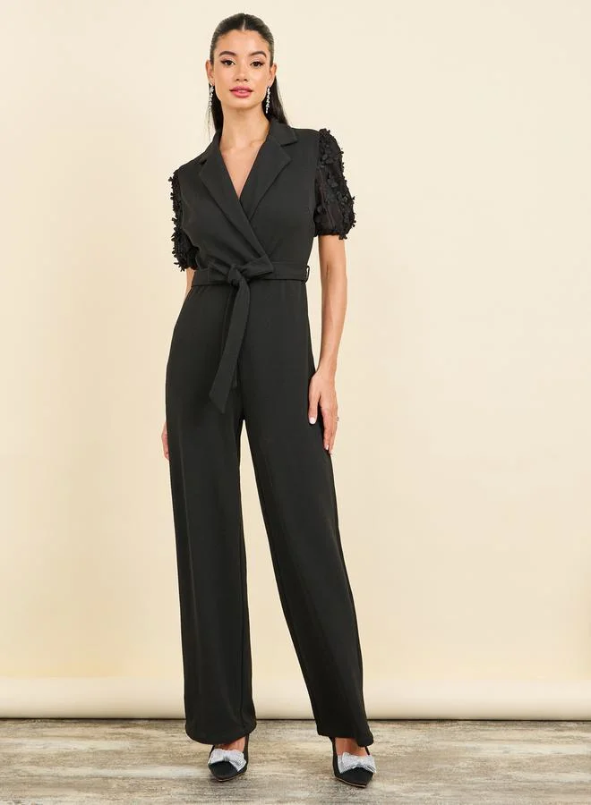 ستايلي Floral Applique Sleeves Notch Neck Wide Leg Tailored Jumpsuit