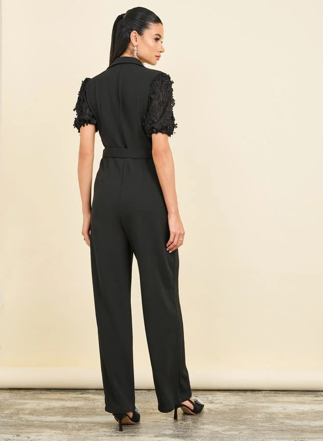 ستايلي Floral Applique Sleeves Notch Neck Wide Leg Tailored Jumpsuit
