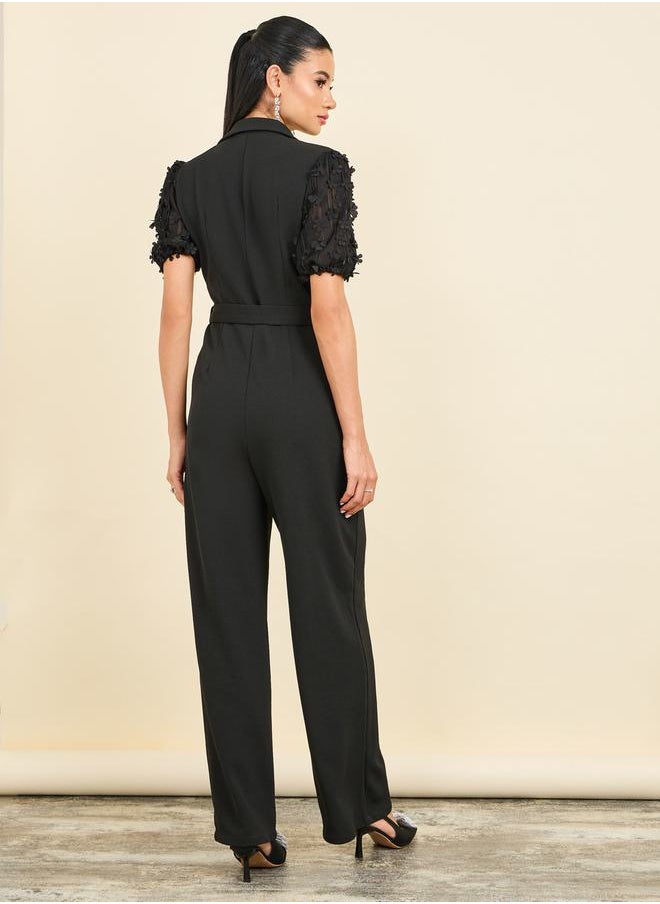 Styli - Floral Applique Sleeves Notch Neck Wide Leg Tailored Jumpsuit - Image 1