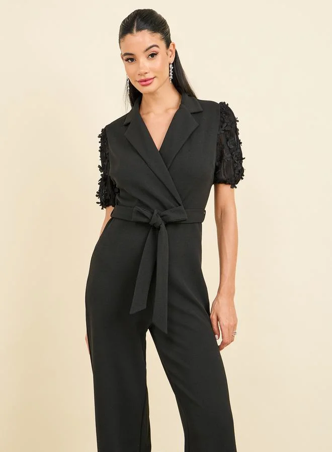 ستايلي Floral Applique Sleeves Notch Neck Wide Leg Tailored Jumpsuit